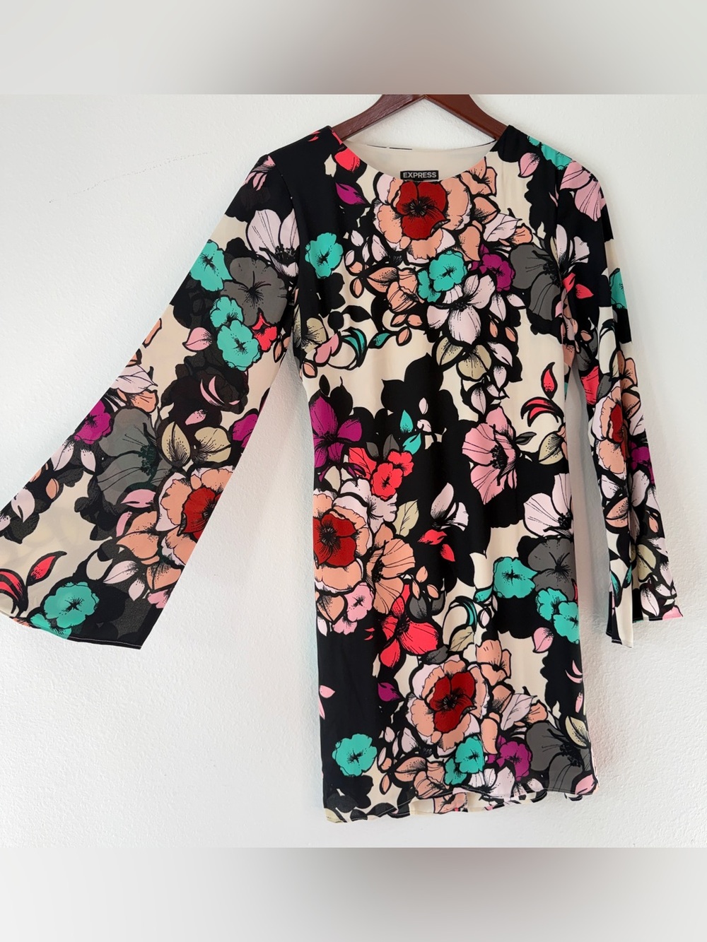 Express Colorful Boho Floral Shift Dress Bell Sleeve Fairy Grunge Indie Chic Y2K